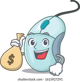 Happy rich computer mouse cartoon character with money bag