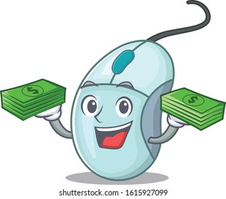 happy rich computer mouse character with money on hands