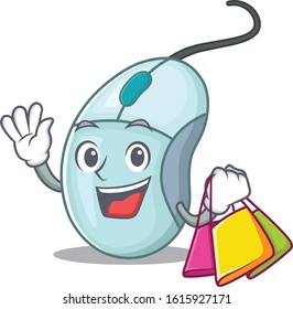 A happy rich computer mouse waving and holding Shopping bag