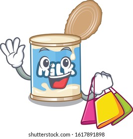 A happy rich condensed milk waving and holding Shopping bag