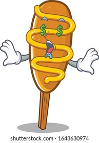 Happy Rich Corn Dog Cartoon Character With Money Eye