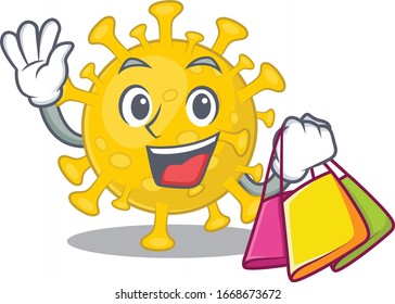 Happy rich corona virus diagnosis mascot design waving and holding Shopping bag