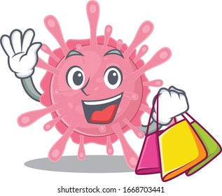 Happy rich corona virus germ mascot design waving and holding Shopping bag