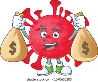 Happy rich coronavirus amoeba mascot design carries money bags