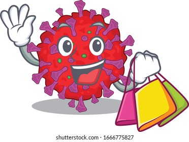 Happy rich coronavirus particle mascot design waving and holding Shopping bag