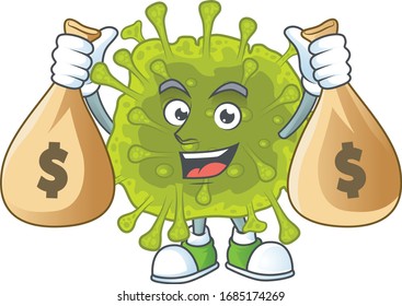 Happy rich coronavirus spread mascot design carries money bags