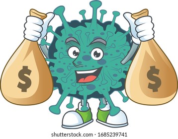 Happy Rich Critical Coronavirus Mascot Design Carries Money Bags