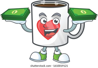 happy rich cup of coffee with heart character with money in hands