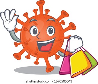 Happy rich deadly corona virus mascot design waving and holding Shopping bag