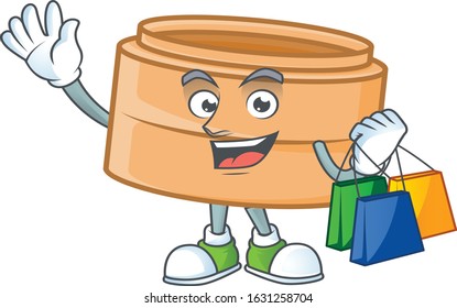 A happy rich dimsum basket waving and holding Shopping bag
