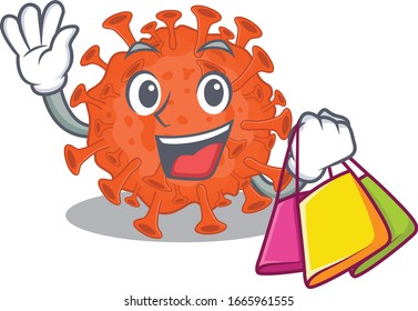 Happy rich electron microscope coronavirus mascot design waving and holding Shopping bag