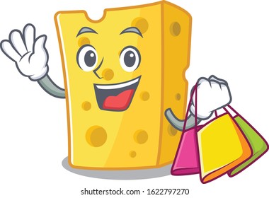 A happy rich emmental cheese waving and holding Shopping bag
