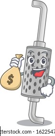 Happy rich exhaust pipe cartoon character with money bag
