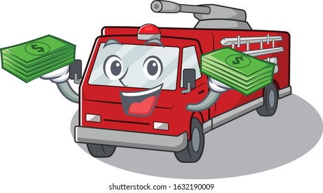 happy rich fire truck character with money on hands