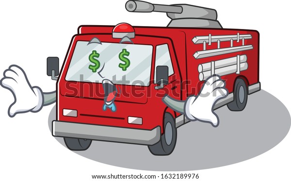 Happy rich fire truck with Money eye cartoon\
character style