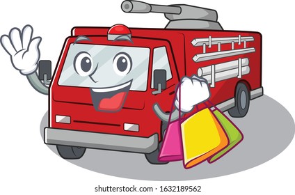 A happy rich fire truck waving and holding Shopping bag