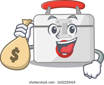 Happy rich first aid kit cartoon character with money bag
