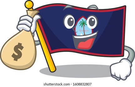 Happy rich flag guam cartoon character with money bag