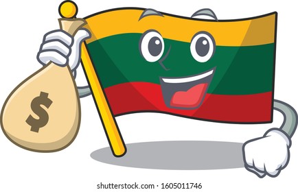 Happy rich flag lithuania cartoon character with money bag