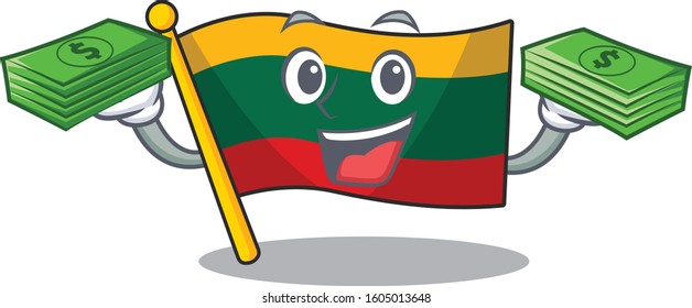 happy rich flag lithuania character with money on hands