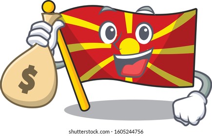 Happy rich flag macedonia cartoon character with money bag