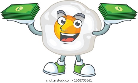 happy rich fried egg character with money on hands
