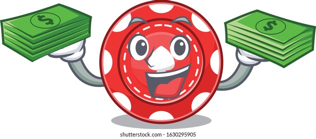 happy rich gambling chips character with money on hands