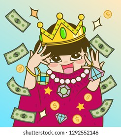 happy rich girl with her money and material 