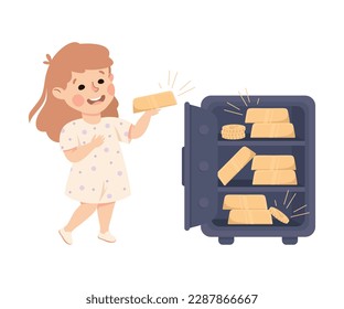 Happy Rich Girl Millionaire with Golden Bar and Safe Deposit Box Vector Illustration