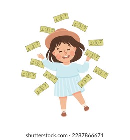 Happy Rich Girl Millionaire in Hat Throwing Dollar Banknote Vector Illustration