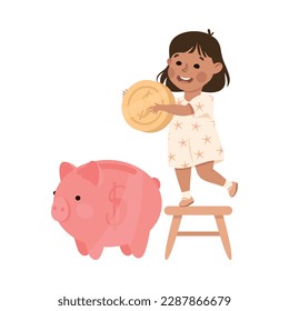 Happy Rich Girl Millionaire on Stool with Golden Coin Putting in Piggy Bank Vector Illustration