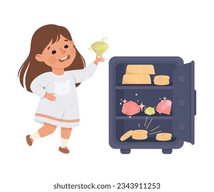 Happy Rich Girl Millionaire Putting Gemstone in Safe Vector Illustration