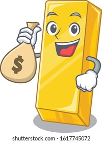 Happy rich gold bar cartoon character with money bag