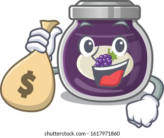 Happy rich grape jam cartoon character with money bag