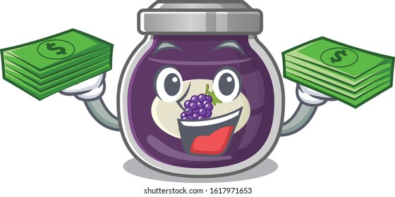 happy rich grape jam character with money on hands