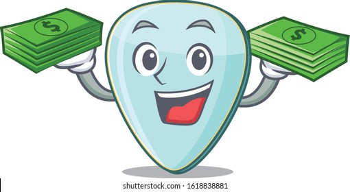 happy rich guitar plectrum character with money on hands