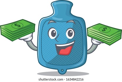 happy rich hot water bag character with money on hands