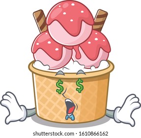 Happy rich ice cream sundae with Money eye cartoon character style