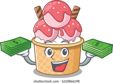 happy rich ice cream sundae character with money on hands