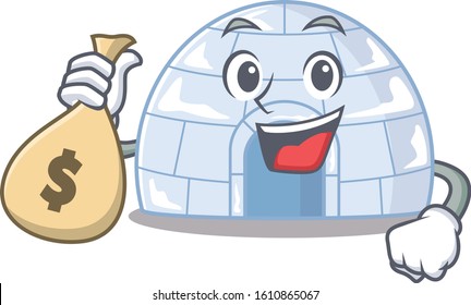 Happy rich igloo cartoon character with money bag