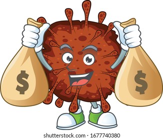 Happy rich infection coronavirus mascot design carries money bags