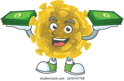 happy rich infectious coronavirus character with money on hands