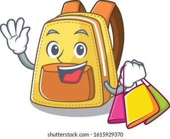 A happy rich kids school backpack waving and holding Shopping bag
