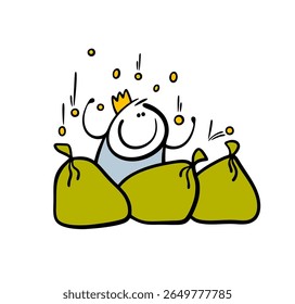 Happy, rich king in a crown and a rain of gold coins. Vector illustration of the financial prosperity of the monarchy. Stickman and money.