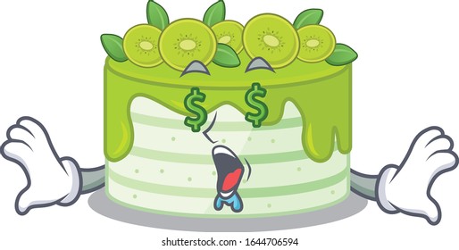 Happy rich kiwi cake cartoon character with Money eye