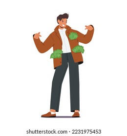 Happy Rich Male Character Presenting Pockets Full of Dollar Bills. Man Celebrate Win in Online Casino. Lucky Person Win Money in Internet or Lottery, Investor Concept. Cartoon Vector Illustration