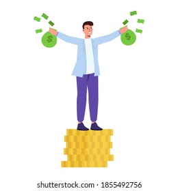 Happy Rich man, businessman character holding cash money bags. Vector illustration in cartoon style.