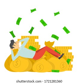 Happy rich man lying on the money bags vector isolated. Successful businessman, wealthy person. Idea of finance and investment.