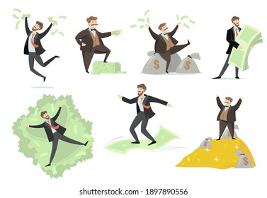 Happy rich man playing with his money flat set for web design. Cartoon millionaire or banker having much money and gold isolated vector illustration collection. Wealth and prosperity concept