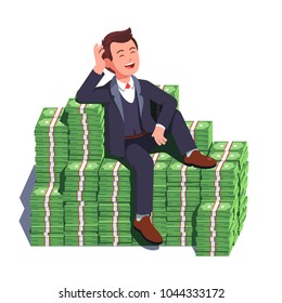 Happy rich man sitting confidently on big heap of stacked money dangling his leg. Billionaire business man or smiling banker leaning on a huge cash pile. Business success. Flat vector illustration